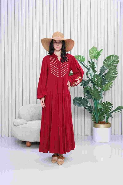 EL jadida Women's Embroidered Plus Size Long Viscose Dress Burgundy