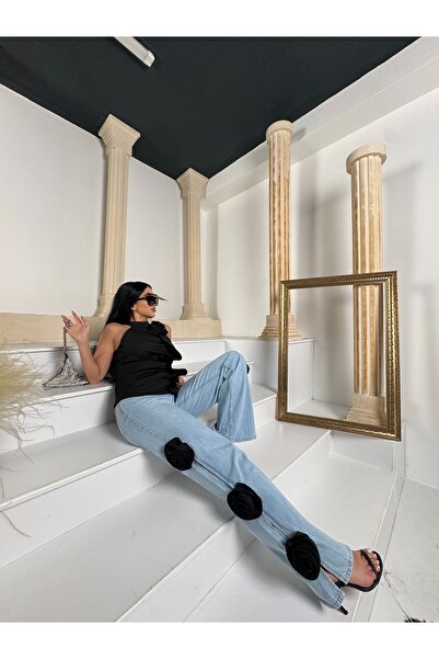 1Moda1Tarz Top Imported Lined Scuba Fabric Rose and Shawl Detail Blouse Bottom Imported Denim Side Rose Detail Special Design Suit