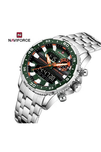 Naviforce Men's Sport Analog-Digital Watch – 44mm Stainless Steel Strap, Alarm & Date, Water Resistant