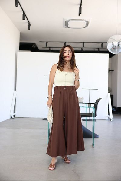 Özge Özgenç Wide Leg Linen Trousers with Elastic Waist