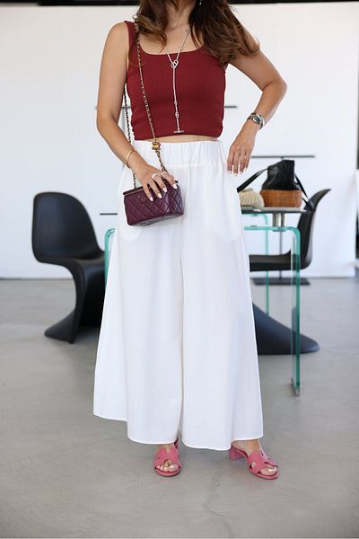 Özge Özgenç Wide Leg Linen Trousers with Elastic Waist