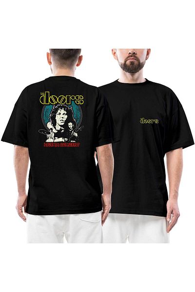 Z zepplin The Doors Live in Concert Front Back Printed Black Oversize T-Shirt