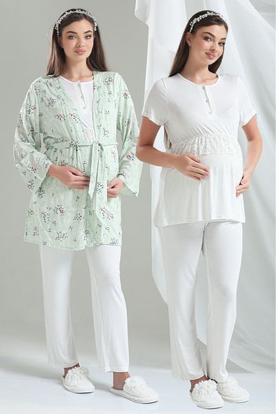 Lohussa Water Green Patterned Special Design 100% Cotton Summer Maternity Maternity Dressing Gown Pajama Set Set