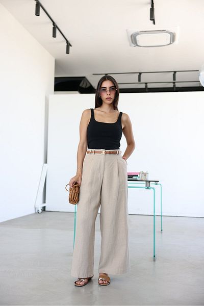 Özge Özgenç Wide Leg Linen Trousers with Pens