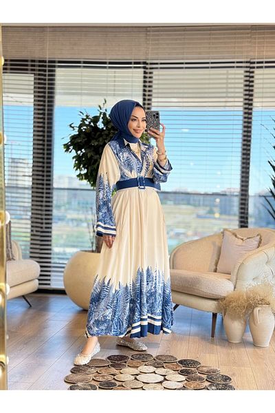 ALANURMODA 24Tn438 Shoulder and Hem Tree Pattern Buttoned Dress