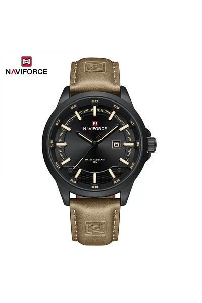 Naviforce Casual Leather Men's Watch – Black Dial & Khaki Strap