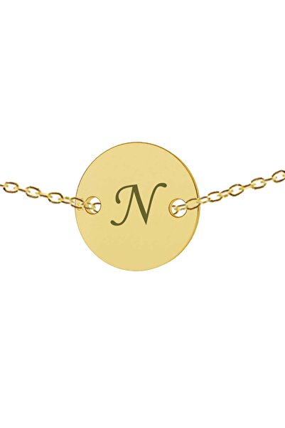 dalimag Lanț din argint 925 placat cu aur de 24K, 50 cm, monedă gravată cu litera N