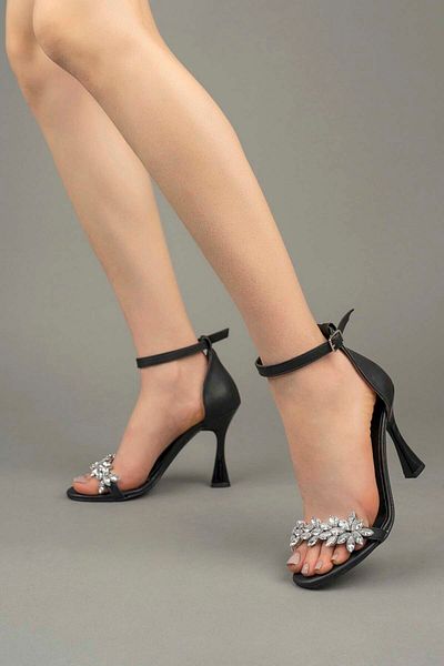 Freemax Women's Stoned High Classic 10 cm Heeled Evening Dress Satin Shoes Satin Black