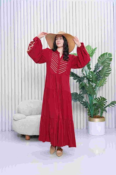 EL jadida Women's Embroidered Plus Size Long Viscose Dress Burgundy