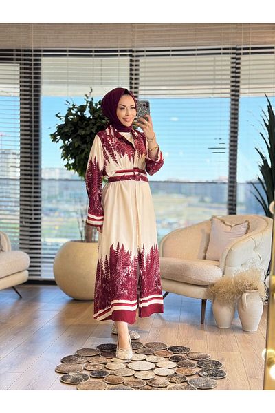ALANURMODA 24Tn438 Shoulder and Hem Tree Pattern Buttoned Dress