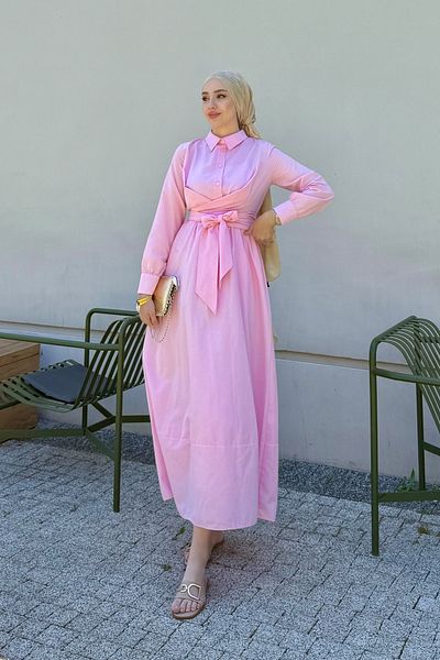 Tesettür Diyarı Women's Shirt Collar Tie Detailed Dress