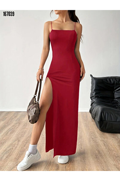 Modayakamoz Yırtmaç Detaylı Kadın Elbise Janjan Krep Kumaş İp Askılı Model