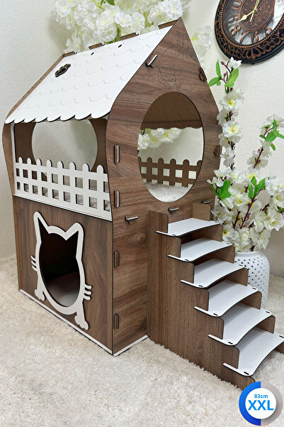 Genel Markalar XXL Kedi Evi – Kahverengi Beyaz, Merdivenli, İki Katlı MDF, 83×81×40 cm