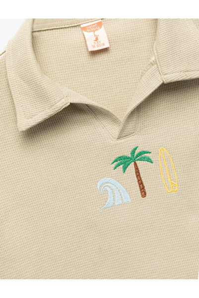 Koton Embroidery Detailed Short Sleeve Polo Neck Cotton T-Shirt