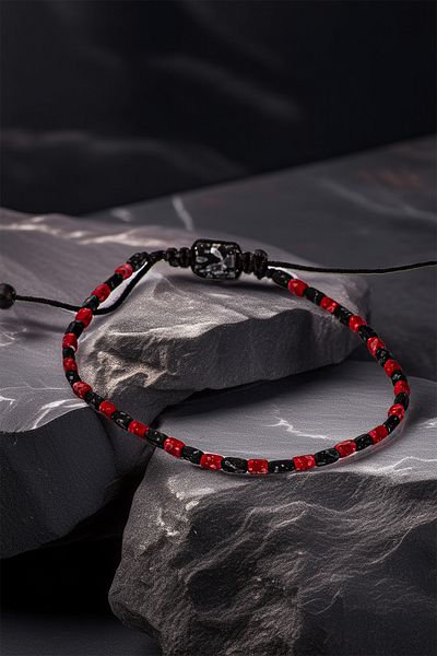 OSMANLI GÜMÜŞ Men's Black Red Natural Stone Bracelet – Adjustable Braided Rope Design – Minimal Style
