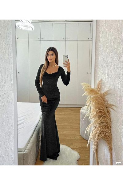 Trendusfashion Μαύρο μακρύ βραδινό φόρεμα με λεπτομέρειες με γκλίτερ