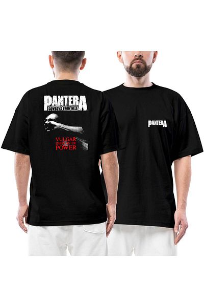Z zepplin Pantera Vulgar Display Of Power Μπροστινό πίσω εμπριμέ μαύρο μπλουζάκι υπερμεγέθους
