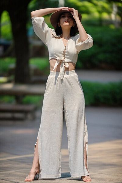 yagmurberen Flamli Slim Linen Button Detail Crop Top Bluz Waist Elastic Buttoned Slitted Pants Double Set