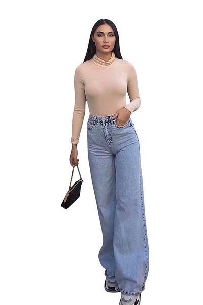 byhaziran butik Susen Young Girl Light Blue Snow Wash High Waist Lycra Casual 90's Loose Leg Jeans