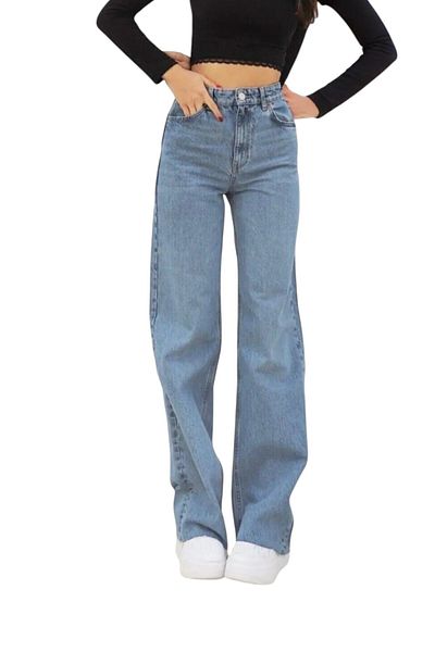 byhaziran butik Ria Women's Snow Wash High Waist Comfortable Denim Fabric Loose Leg Jeans