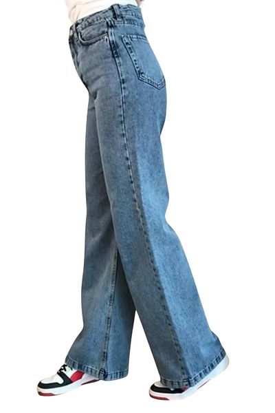 byhaziran butik Raw Light Blue Snow Wash High Waist Stretchy Stylish Wide Leg Jeans