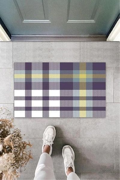 Mu Art Ahşap White Door Mat Gingham Pattern K-3240