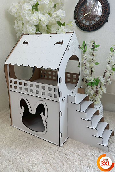teknomooji 3XL Tavşan Evi – Beyaz MDF, Merdivenli, İki Katlı, 91×92×52 cm