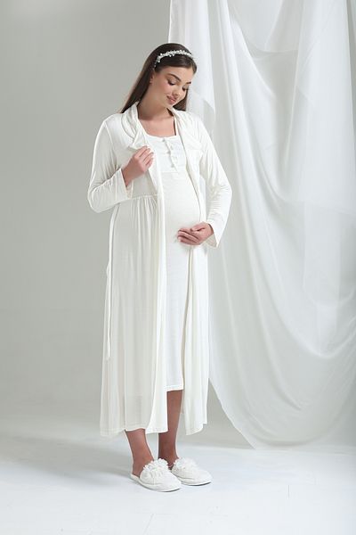 Lohussa Ecru Design Long Sleeve 100% Cotton Maternity Maternity Dressing Gown Nightgown Set