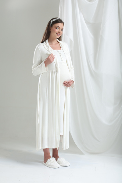 Lohussa Σετ νυχτικών μακρυμάνικο εκρού 100% βαμβακερό μακρυμάνικο μπουρνούζι εγκυμοσύνης