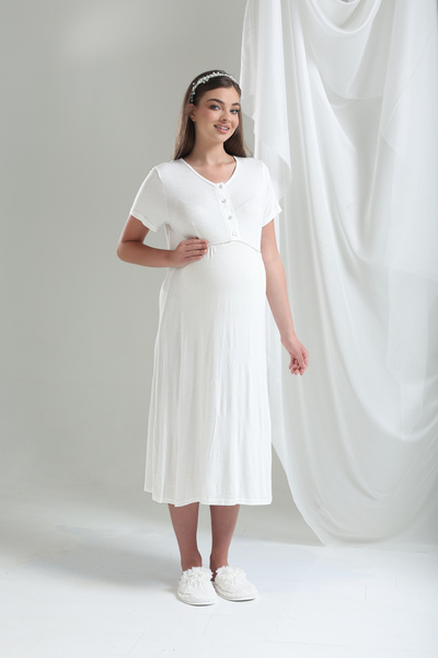 Lohussa Ekru Jakarlı Varaklı Tasarım %100 Pamuk Yazlık Hamile Lohusa Sabahlık Gecelik Set