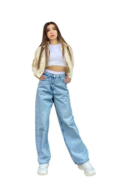 byhaziran butik Midy Women's Blue Snow Wash High Waist Lycra Casual Loose Leg Jeans