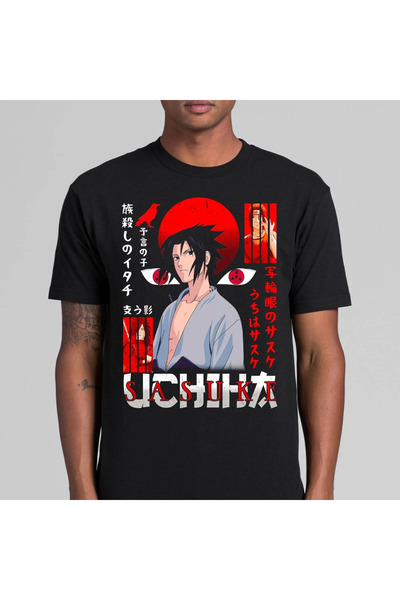 Flood Of Style تي شيرت رجالي منقوش برسومات الرسوم المتحركة ناروتو أوتشيها ساسكي