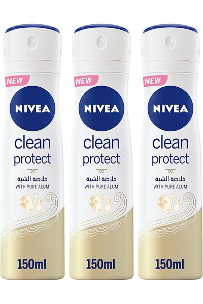 NIVEA Antiperspirant Spray for Women, 48h Protection, Clean Protect Pure Alum, 3x150ml