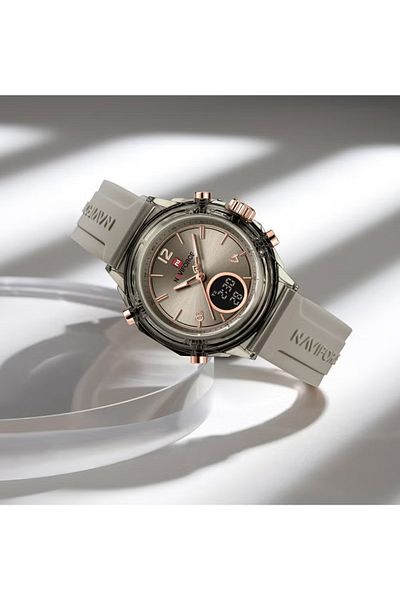 Naviforce Transparent Sport Watch – Grey & Rose Gold Waterproof Analog Digital Silicone Strap