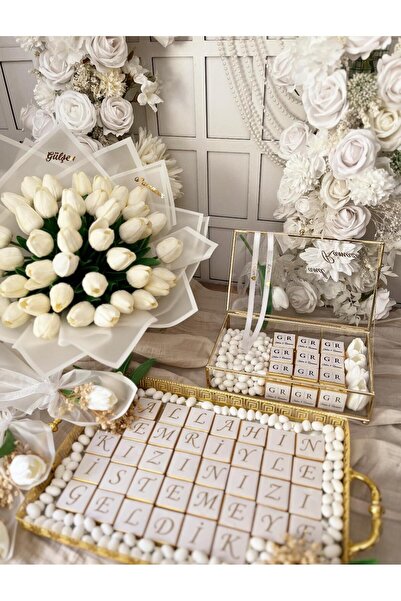 MELİ TİCARET Kutulu Cam Çikolata Kız İsteme Çikolata Tepsisi ve 41li Lale Buk...