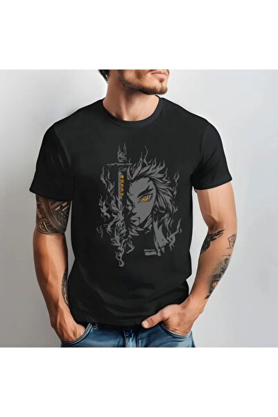 Flood Of Style Ανιμέ μπλουζάκι με σχέδια Unisex για άνδρες Rengoku Kyojuro ‌   Δολοφόνος δαίμονων