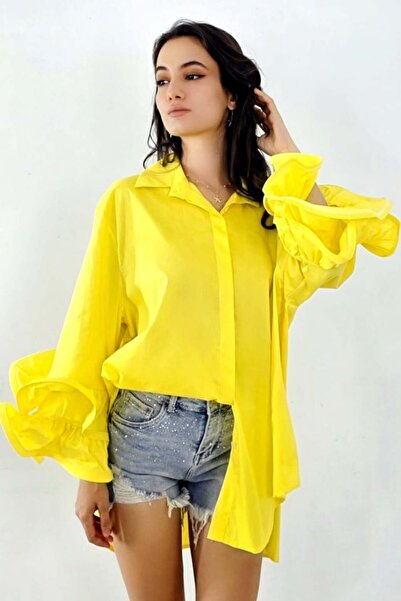 FashionForYou Πουκάμισο oversized Sugar LoLLy, ασύμμετρο μήκος και βολάν, κίτ...