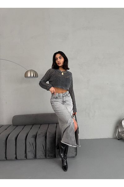 Zeo Basic Women's Maxi Boy Gray Denim Skirt with Front Slit Detail