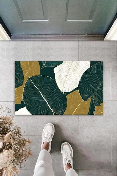 Mu Art Ahşap Decorative Digital Print Dark Green Leaf Outdoor Mat K-2101