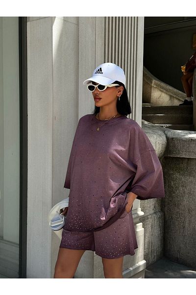 Bliss Set de pantaloni scurți de damă, model Stone, țesătură lavabilă, set de vară oversize cu croiala confortabilă