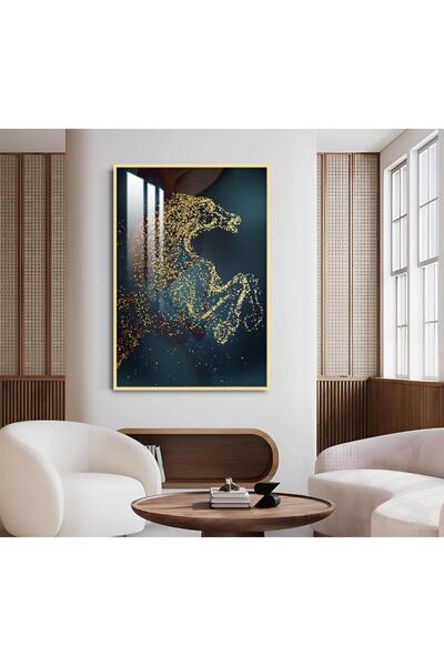 SND لوحة جدارية خشبية بتصميم حصان مع برواز ذهبي و طبقة من الاكرليك الشفاف