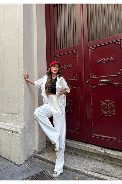 Bliss Women's Stoned Zippered Model Short Sleeve Comfortable Fit Oversize Bottom Top Tracksuit Set