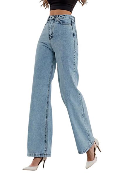 byhaziran butik Aurora Young Girl Light Blue Snow Wash High Waist Lycra Casual 90's Loose Leg Denim Pants