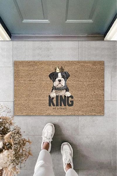 Mu Art Ahşap Digital Printing Brown King Written Crowned Dog Decorative Door Mat K-2052