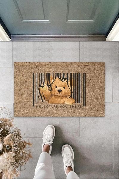 Skygo Brown Door Mat Hello Are You There Teddy Bear Pattern K-3283