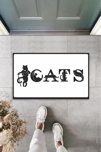 Mu Art Ahşap Digital Printing Decorative Door Mat with Cats Decorated with White Cats K-2028