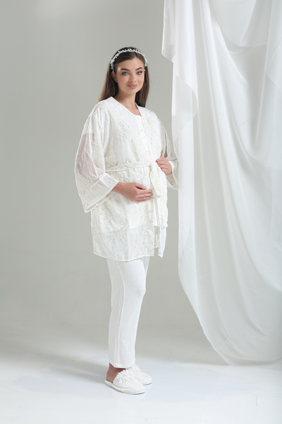 Lohussa Σετ πιτζάμες Ecru Jacquard με μαργαριτάρια πέτρα 100% βαμβακερό καλοκαιρινό μπουρνούζι εγκυμοσύνης