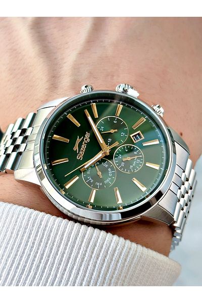 Slazenger Silver-Green Color 10 Atm Waterproofness Steel Cord Steel Case Men Wristwatch 1812.10Mr