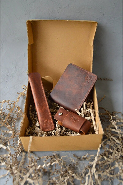 DEER Genuine Leather 3-Piece Gift Set – Wallet & Keychain & Pen Holder