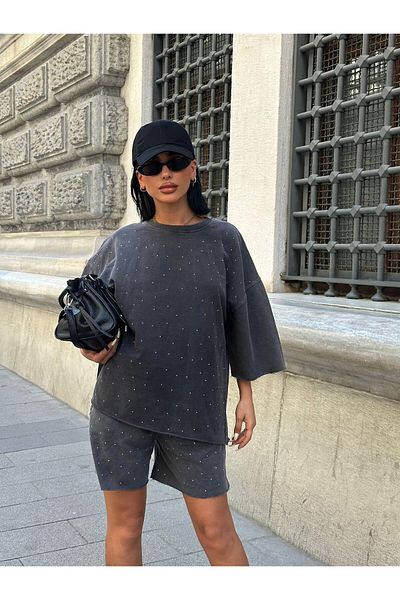 Bliss Set de pantaloni scurți de damă, model Stone, set de vară oversize cu croiala confortabilă